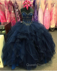 Beaded Sweetheart Organza Ruffle Snavy Blue Quinceanera Dresses Ball Gowns