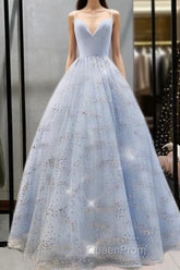 Beaded Tulle Evening Prom Dresses Ball Gown Plunge Neck