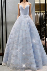 Beaded Tulle Evening Prom Dresses Ball Gown Plunge Neck