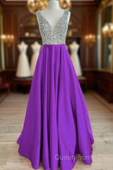 Beaded V Neck Long Satin Violet Evening Prom Dresses