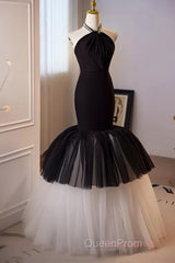 Beading Mermaid Black And White Halter Tulle Evening Prom Dresses