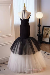 Beading Mermaid Black And White Halter Tulle Evening Prom Dresses