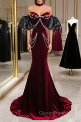 Beauiful Wine Red Off Shoulder Mermaid Long Evening Prom Dresses, Wine Red Party Dresses