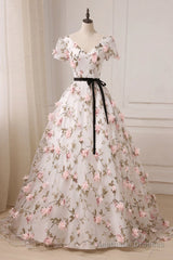 Beauitufl Floral V-Neck Lace Short Sleeve Flowers Long Prom Dress Floral Party Dress prom dresses shops