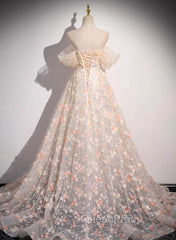 Beautiful A-Line Off Shoulder Flowers Lace Evening Dresses, Long Evening Prom Dresses