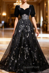 Beautiful A-line Simple Black Floor Length Party Dresses, Black Long Evening Prom Dresses