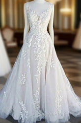 Beautiful A-Line V-Neck Floor Sweeping Skirt With Lace Wedding Dresses