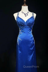 Beautiful Backless Beaded Satin Sheath Royal Blue Long Evening Prom Dresses Formal Evening Gown
