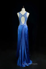 Beautiful Backless Beaded Satin Sheath Royal Blue Long Evening Prom Dresses Formal Evening Gown