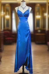 Beautiful Backless Beaded Satin Sheath Royal Blue Long Evening Prom Dresses Formal Evening Gown