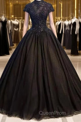 Beautiful Black Cap Sleeves Long Tulle Party Dresses, Black Evening Prom Dresses