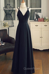 Beautiful Black Chiffon Straps Long A-Line Junior Evening Prom Dresses, Black Party Gowns