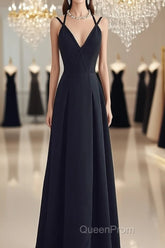 Beautiful Black Chiffon Straps Long A-Line Junior Evening Prom Dresses, Black Party Gowns