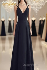 Beautiful Black Chiffon Straps Long A-Line Junior Evening Prom Dresses, Black Party Gowns