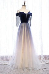 Beautiful Blue Gradient Tulle Long Party Dresses,A-Line Off Shoulder Formal Dresses