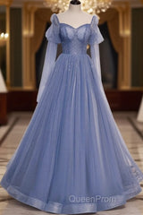 Beautiful Blue Sheer Beaded Long Party Dresses, A-Shaped Long Sleeved Backless And Floor Length Evening Dresses