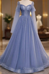 Beautiful Blue Tulle Beaded Long Formal Dresses Party Dresses, A-Line Wedding Party Dresses