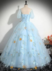 Beautiful Blue Tulle Short Sleeves Sweet 16 Dresses With Bow, Blue Formal Gown