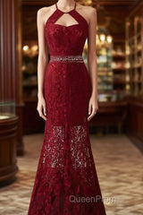 Beautiful Dark Red Lace Halter Beaded Evening Dresses, Mermaid Evening Prom Dresses