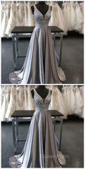 Beautiful Elegant Silver Grey Evening Prom Dresses,Beaded Evening Gowns,V Neck Formal Dresses,Special Occasion Dresses