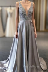 Beautiful Elegant Silver Grey Evening Prom Dresses,Beaded Evening Gowns,V Neck Formal Dresses,Special Occasion Dresses