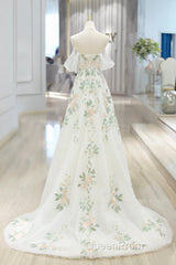 Beautiful Floral Lace Tulle Long Evening Prom Dresses, White Off The Shoulder Evening Party Dresses