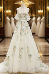 Beautiful Floral Lace Tulle Long Evening Prom Dresses, White Off The Shoulder Evening Party Dresses