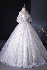 Beautiful Floral Tulle Pearl Sequins Evening Prom Dresses, A-Line Puffy Short Sleeve Evening Party Dresses
