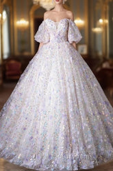 Beautiful Floral Tulle Pearl Sequins Evening Prom Dresses, A-Line Puffy Short Sleeve Evening Party Dresses