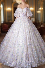Beautiful Floral Tulle Pearl Sequins Evening Prom Dresses, A-Line Puffy Short Sleeve Evening Party Dresses