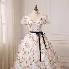 Beautiful Flowers Ball Gown Long Party Dresses, Short Sleeves Evening Prom Dresses