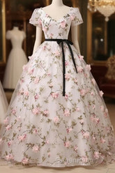 Beautiful Flowers Ball Gown Long Party Dresses, Short Sleeves Evening Prom Dresses
