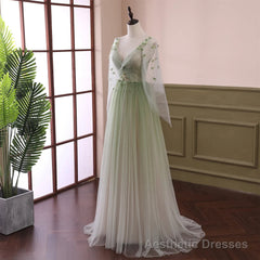 Beautiful Gradient Tulle Green Beaded Long Sleeves Party Dress,Green Formal Dresses