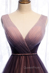 Beautiful Gradient V-Neckline Tulle Long Evening Prom Dresses Party Dresses, Gradient Evening Gown