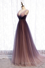 Beautiful Gradient V-Neckline Tulle Long Evening Prom Dresses Party Dresses, Gradient Evening Gown