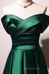 Beautiful Green Satin A-Line Off Shoulder Evening Prom Dresses, Green Evening Dresses Party Dresses