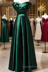 Beautiful Green Satin A-Line Off Shoulder Evening Prom Dresses, Green Evening Dresses Party Dresses