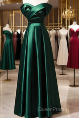 Beautiful Green Satin A-Line Off Shoulder Evening Prom Dresses, Green Evening Dresses Party Dresses