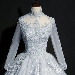 Beautiful Grey A-Line Long Sleeves With Lace Party Gown Sweet 16 Dresses Evening Prom Dresses