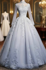 Beautiful Grey A-Line Long Sleeves With Lace Party Gown Sweet 16 Dresses Evening Prom Dresses
