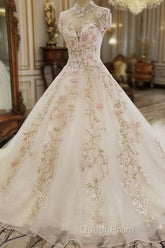 Beautiful Ivory High Neckline Tulle With Flower Lace Party Dresses, Ivory Wedding Dresses