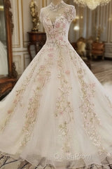 Beautiful Ivory High Neckline Tulle With Flower Lace Party Dresses, Ivory Wedding Dresses