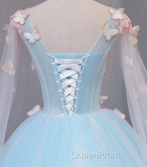 Beautiful Light Blue Butterfly Lace Ball Gown Evening Prom Dresses, Sweet 16 Formal Dresses