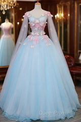 Beautiful Light Blue Butterfly Lace Ball Gown Evening Prom Dresses, Sweet 16 Formal Dresses