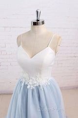 Beautiful Light Blue Tulle And White Top Long Wedding Party Gowns, Straps Junior Evening Prom Dresses