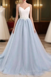 Beautiful Light Blue Tulle And White Top Long Wedding Party Gowns, Straps Junior Evening Prom Dresses
