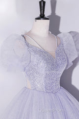 Beautiful Light Blue Tulle Sequins Evening Prom Dresses, Scoop Neck Short Sleeve Puffy Floor-Length Evening Dresses