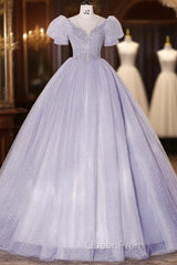Beautiful Light Blue Tulle Sequins Evening Prom Dresses, Scoop Neck Short Sleeve Puffy Floor-Length Evening Dresses