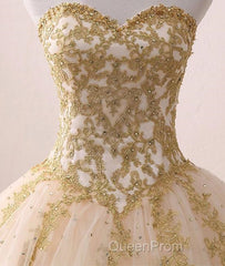 Beautiful Light Champagne Ball Gown Party Dresses, Sweet 16 Dresses With Gold Applique