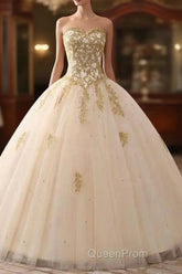 Beautiful Light Champagne Ball Gown Party Dresses, Sweet 16 Dresses With Gold Applique